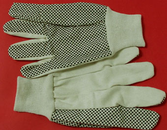 C8610PD. 10 OZ CANVAS COTTON GLOVE WITH POLKA DOTS ON PALM, KNIT WRIST. MEN'S. PRICE PER DOZEN.