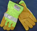 Unlined Pigskin Drivers, 3M fluorescent tape, green nylon back & safety cuff. S-XXL. PRICE PER DOZEN