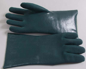 DG8430J-14. 14" GREEN PVC COATED GLOVE, SANDY FINISH, JERSEY LINING. PRICE PER DOZEN.